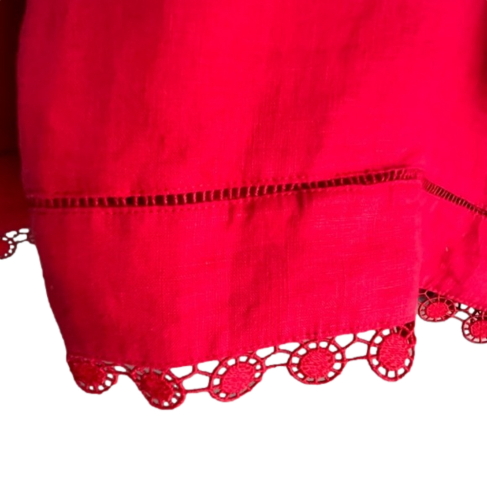Lauren Ralph Lauren Linen Red V-Neck Peasant Top Embroidered Trim Sleeves Size M - Picture 6 of 8